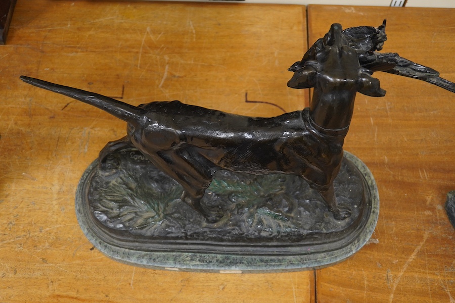 After Jules Moigniez (1835-1894), a cast bronze of a pointer with a pheasant, 60cm wide. Condition - good